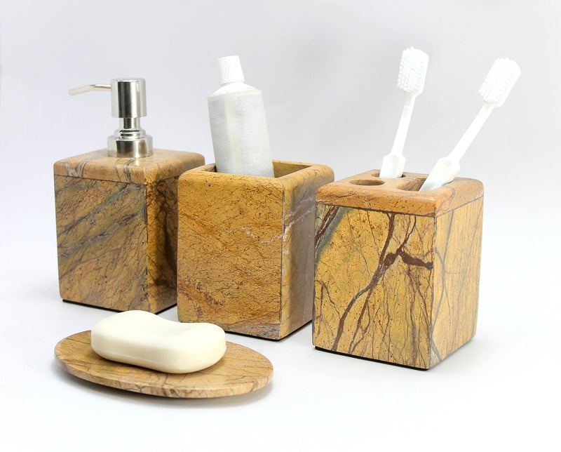 KLEO - Bathroom Accessory Set Made from Natural Stone - Bath Accessories Set of 4 Includes Soap Dispenser, Toothbrush Holder, Tumbler and Soap Dish (Brown) - Image 3